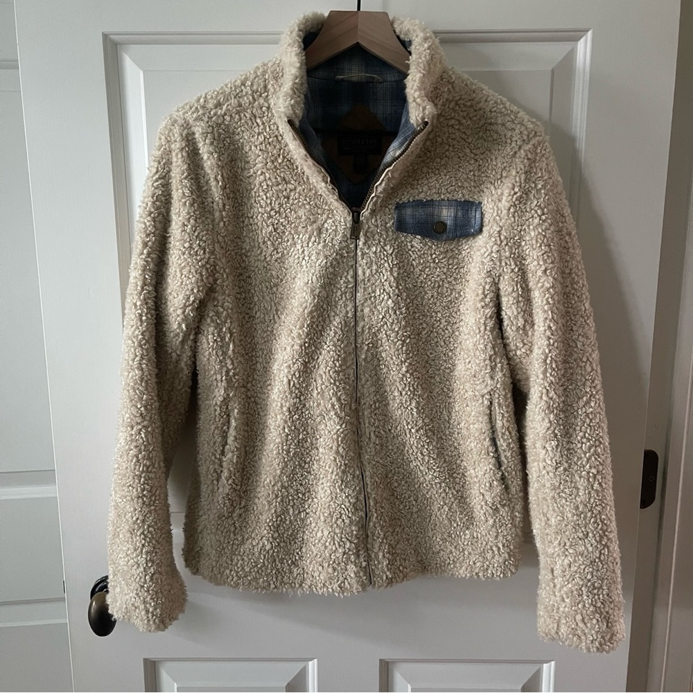 Pendleton Women's Small Cream Fuzzy Wool Sherpa Teddy Jacket Plaid Detail